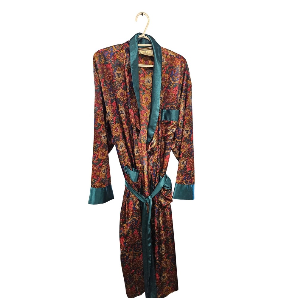 Number 1 London Satin Robe L/XL Teal Burgundy Crest Crown Wrap Loungewear